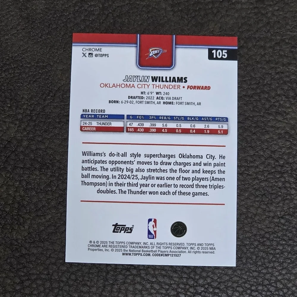 2025–26 Topps Chrome Jaylin Williams #105 Oklahoma City Thunder NM